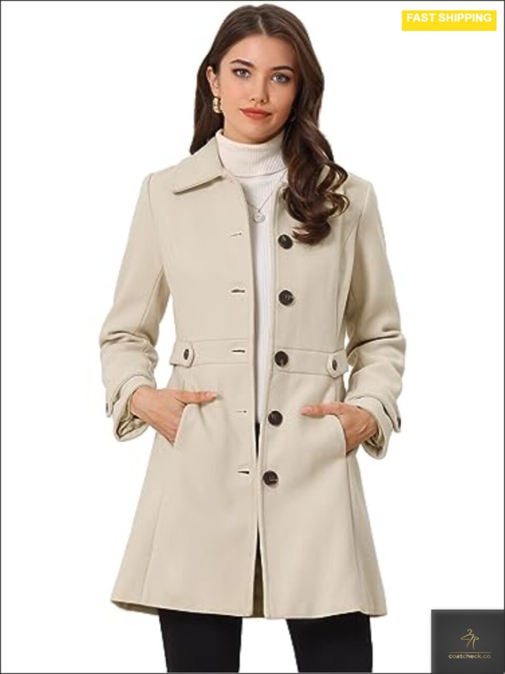 Women's Wool Blend Single Breasted Trench Coat with Belted Cuffs